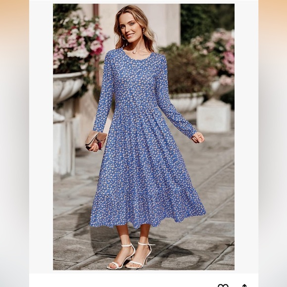 Women's Blue Floral Long Sleeve Dress, Size-Large - Picture 3 of 7